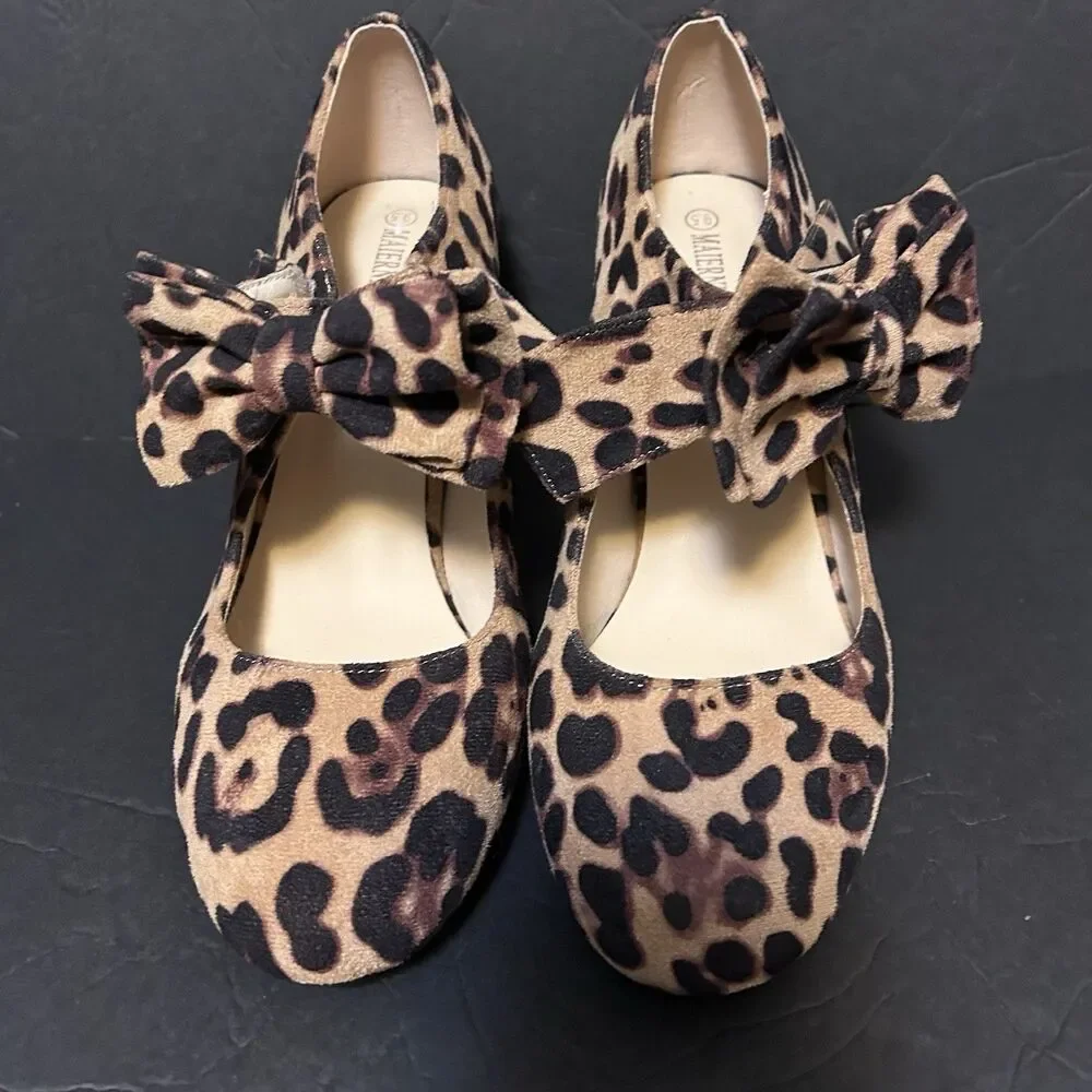 Maiernisi Jessi Leopard Print Dress Shoes Heels Bow Detail Block Heel  Size 9.5